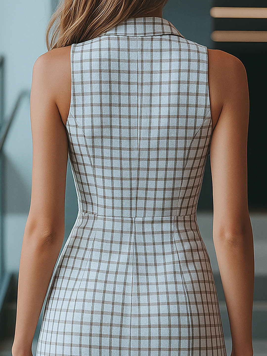 Suit Collar Plaid Slim Mini Dress