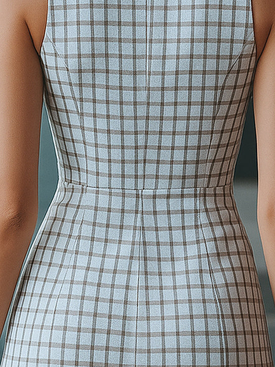 Suit Collar Plaid Slim Mini Dress