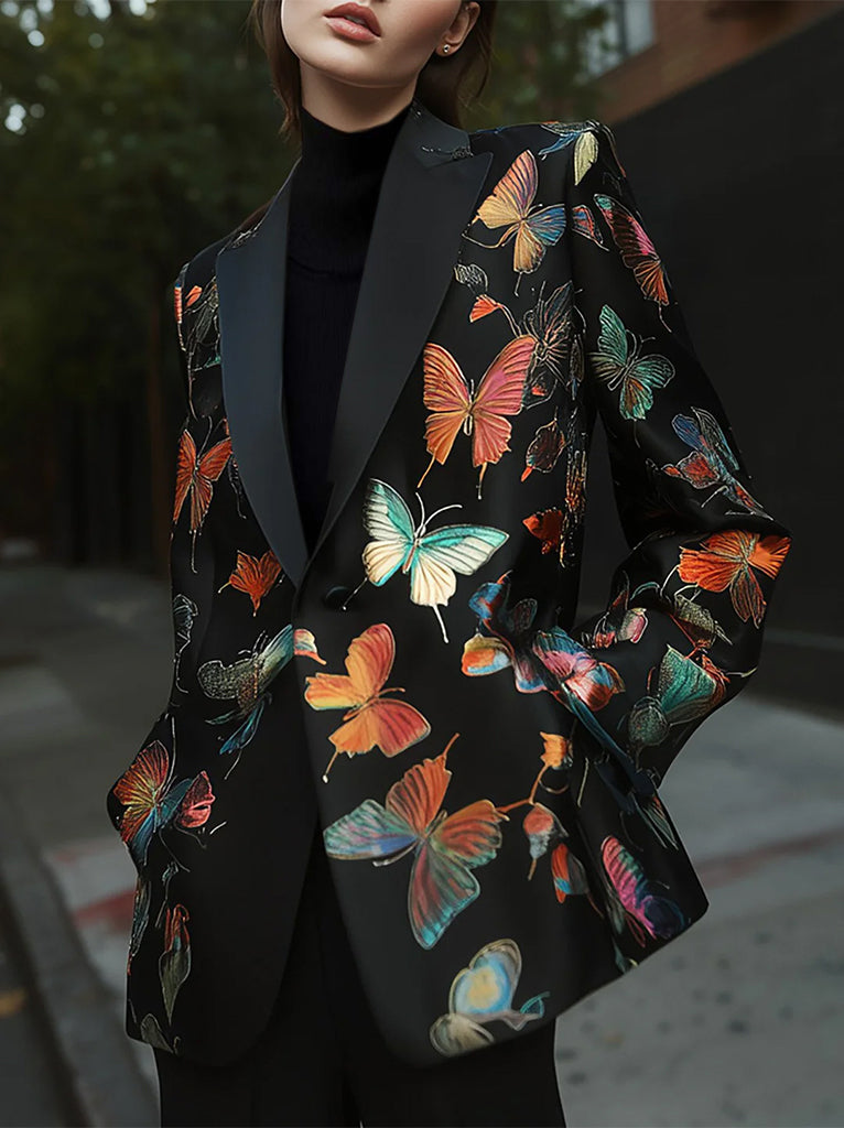 Fashion-Forward Butterfly Pattern Satin Jacquard Blazer