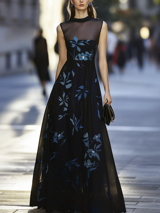 Elegant Black Chiffon Maxi Dress With Sheer Neckline And Floral Print