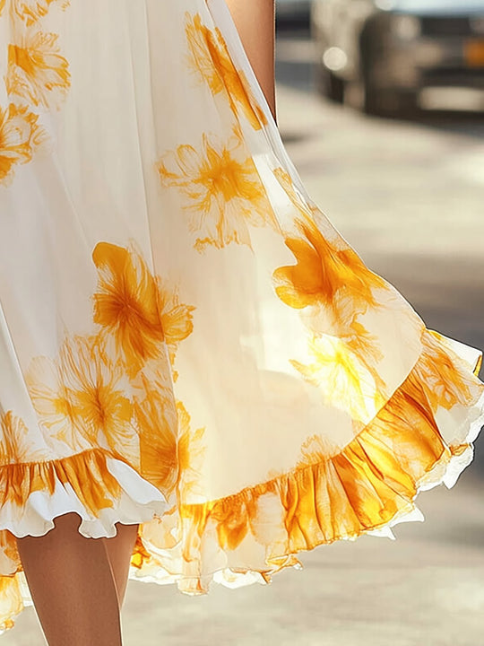 Chic White Chiffon Dress With Orange Floral Print And Ruffled Hem