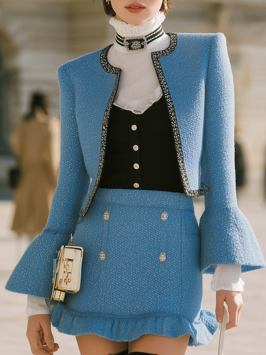 Blue Flared Sleeve Coat And Lotus Leaf Skirt Temperament Set-up