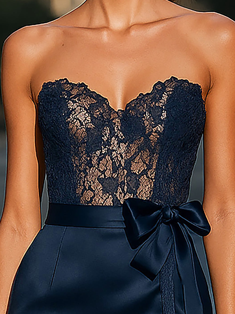 Navy Satin Strapless Dress With Lace Bodice