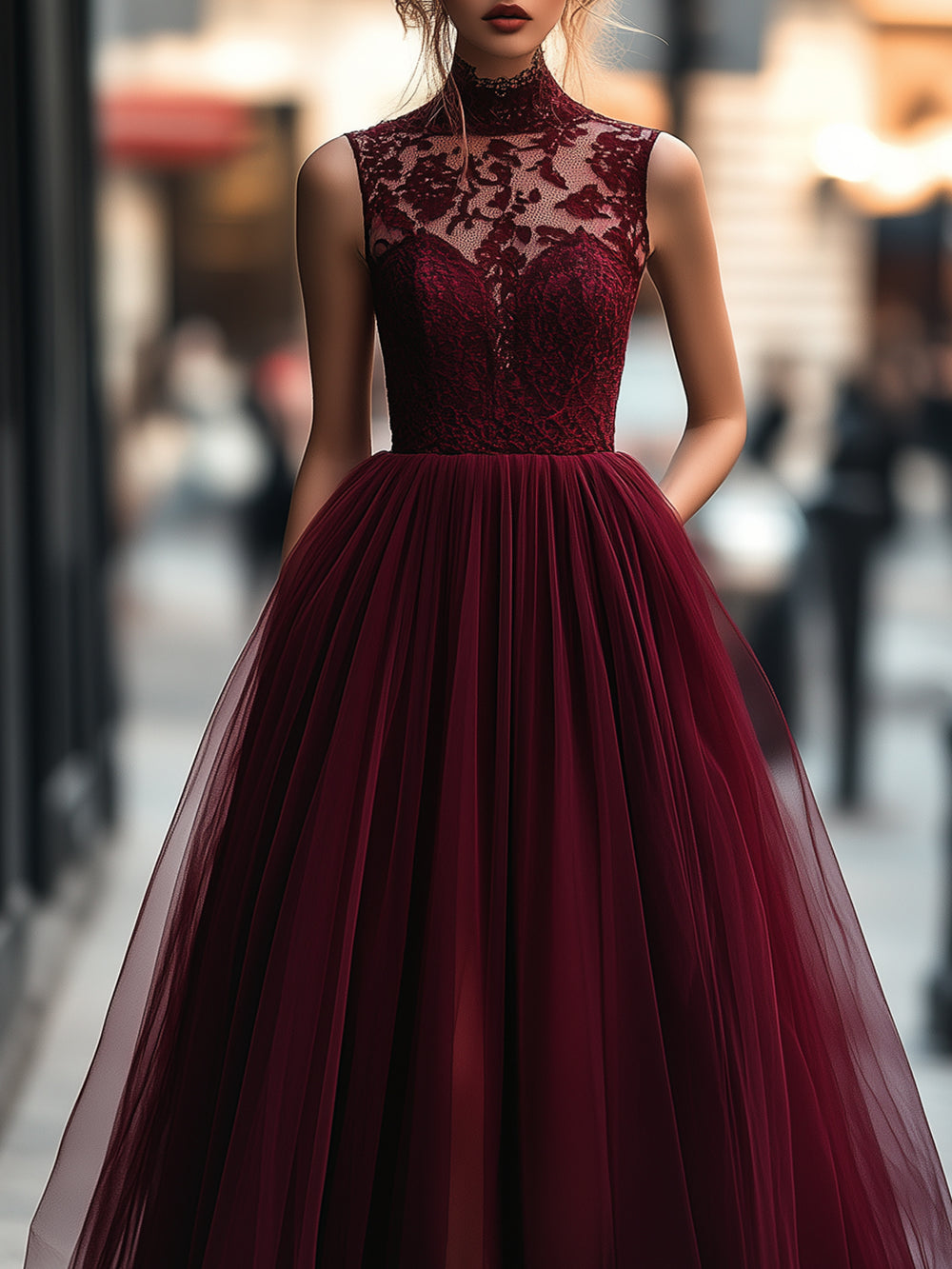 Lace Chiffon Elegant Wine Red Long Dress