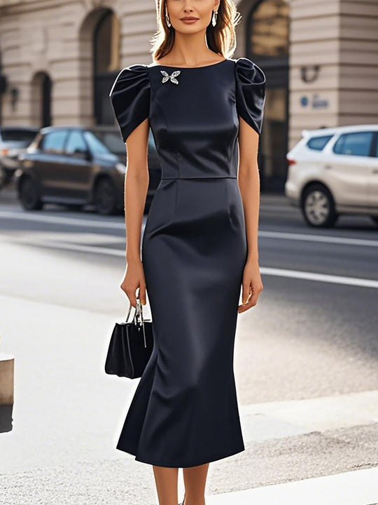 Navy Blue Satin Dress With Butterfly Sleeves