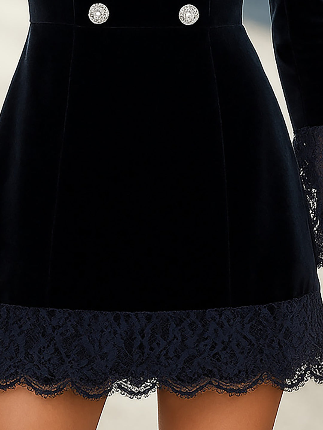 Stylish Navy Blue Mini Dress With Flared Lace Trimmed Cuffs