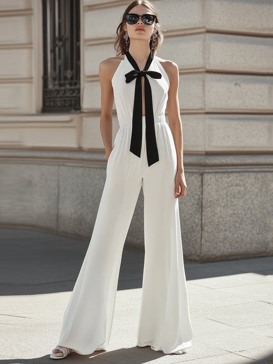 Bowknot Hollow Commuter Wide-leg Jumpsuit