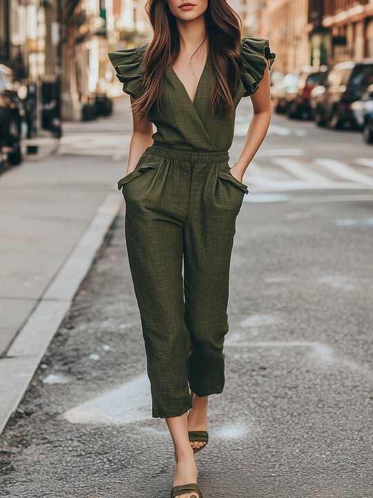 Ruffled Sleeves Linen Casual Jumpsuit