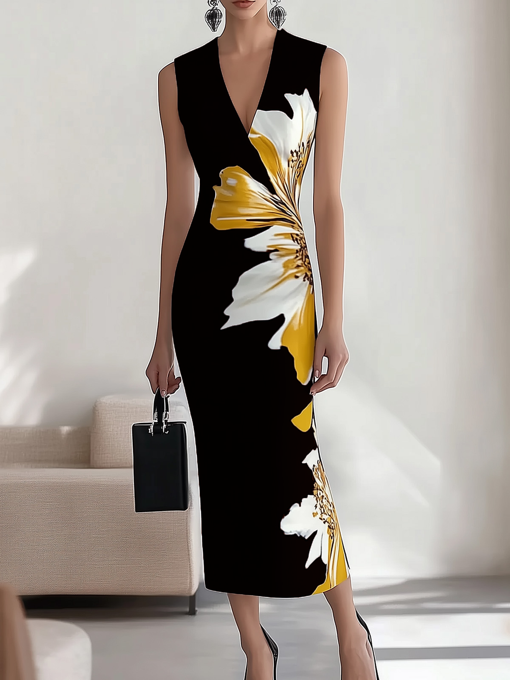 Navy Blue V-Neck Sleeveless Dress with Floral Print