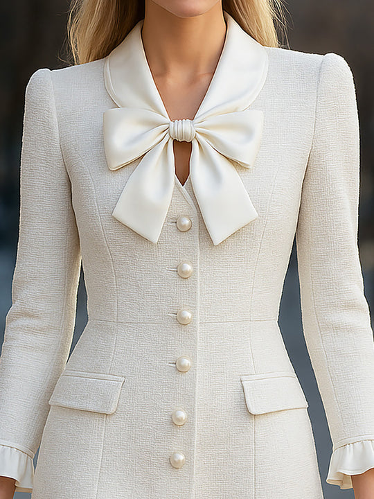 White Bow - Adorned Dress With Cuff Frills