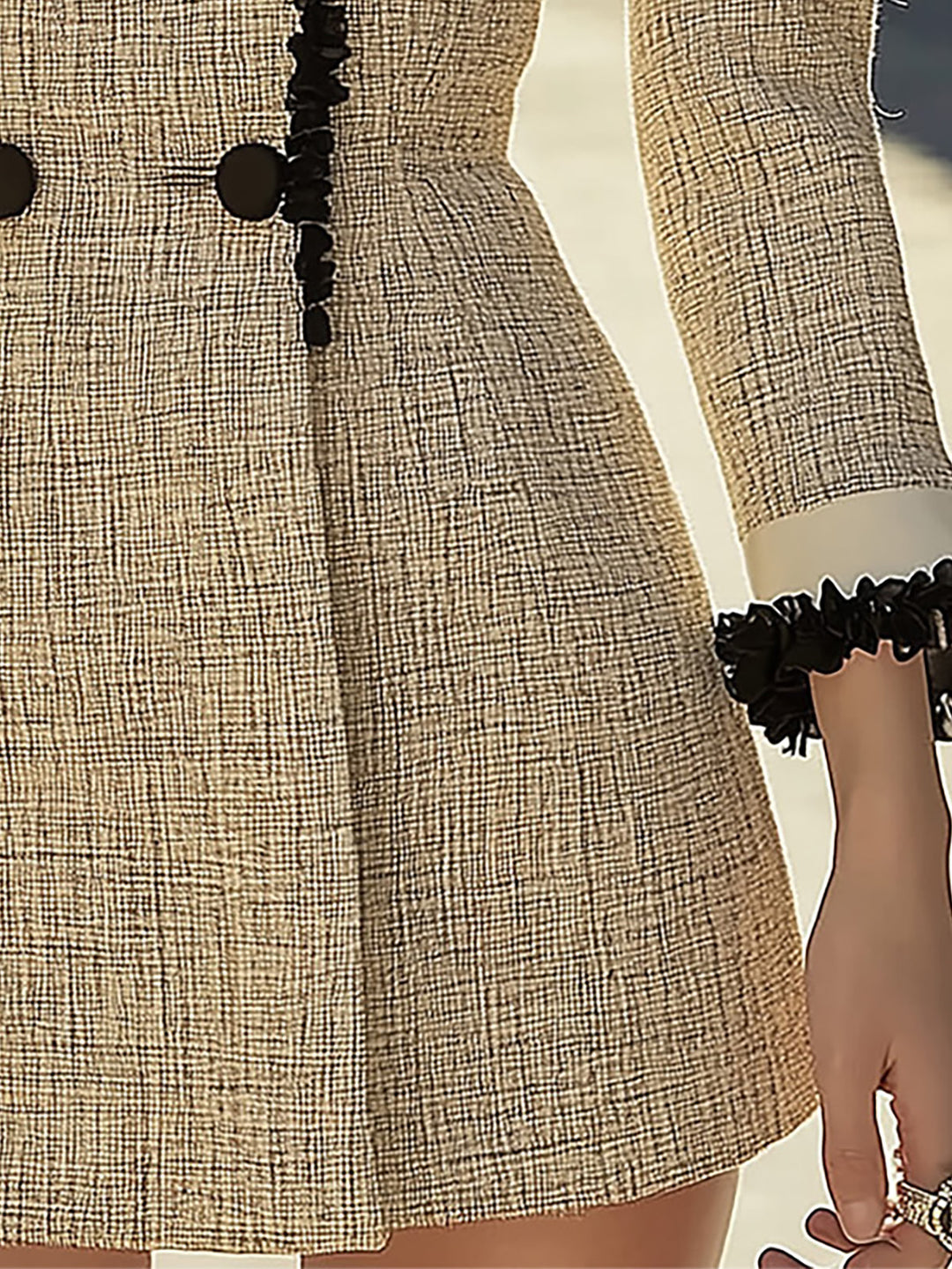 Cream And Beige Mini Dress With Black Ruffled Collar