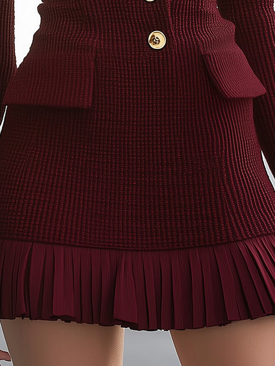 Burgundy Knit Mini Dress With Pleated Hem