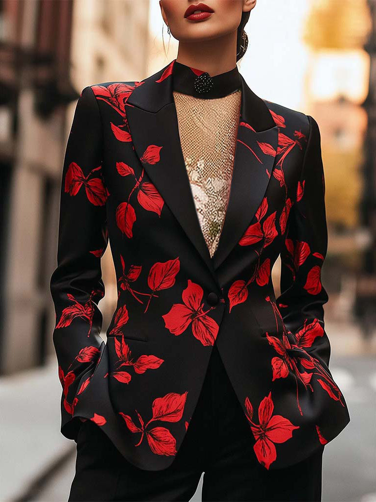 Leaf Pattern Satin Print Blazer