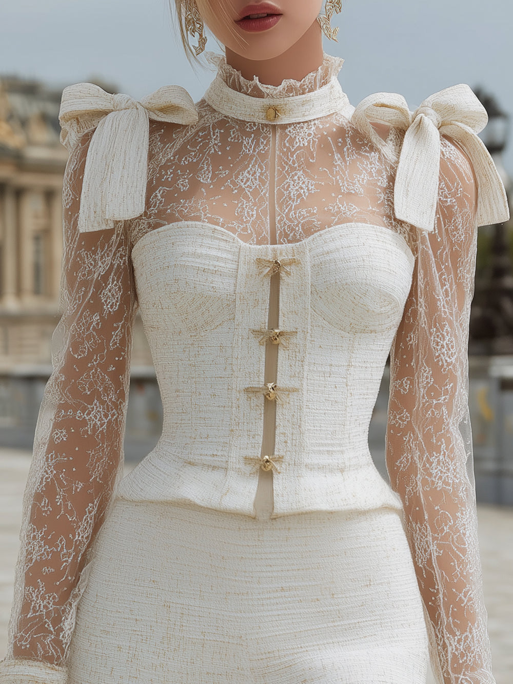 Chanel Style Patchwork Lace Bow Slim Dress