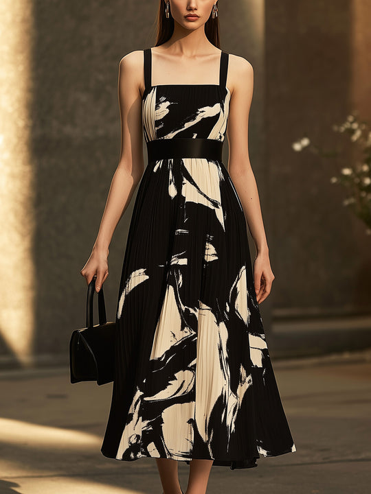 Black And Beige Printed Chiffon Dress