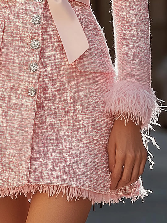 Chic Light Pink Tweed Mini Dress With Feather Detail