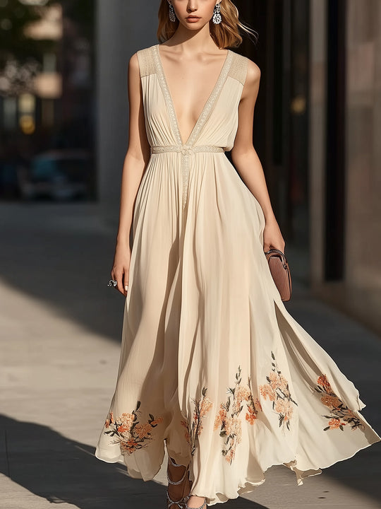 Cream Chiffon Maxi Dress With Floral Embroidery