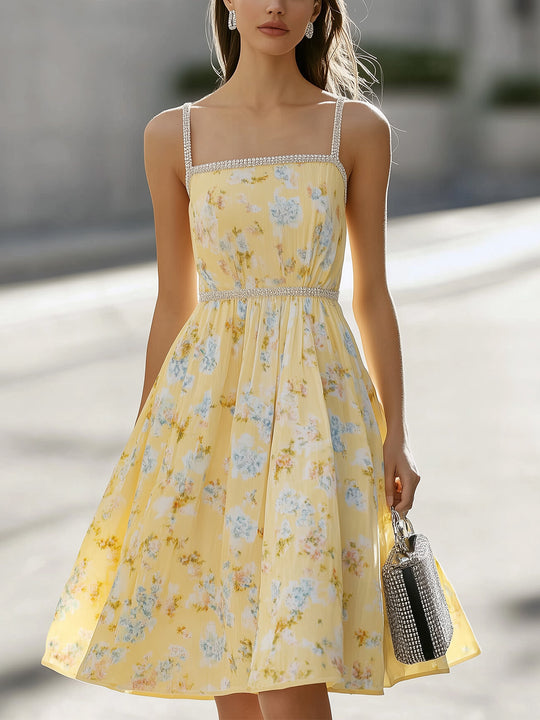 Yellow Chiffon Floral Midi Dress With Silver Waistline Crystals