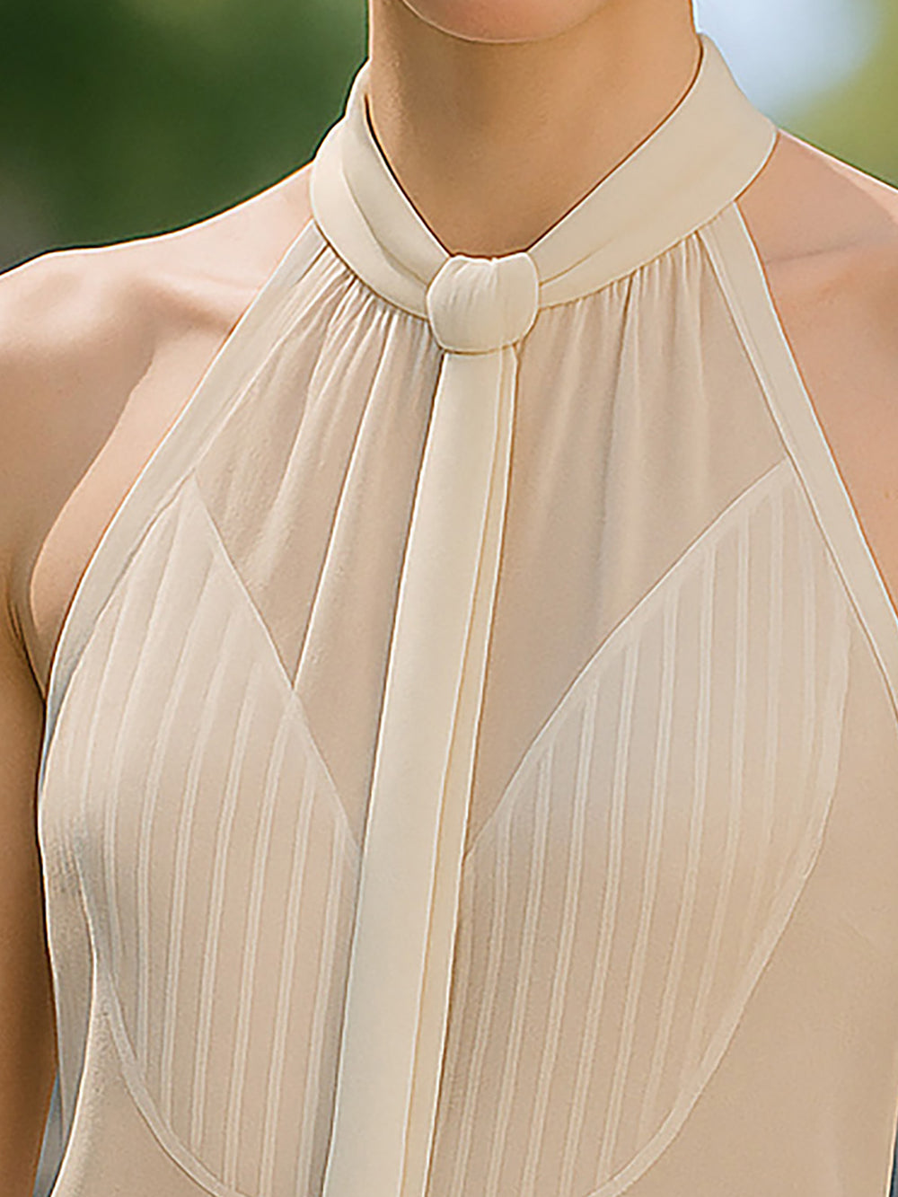 Off-White Chiffon Bow Top With Geometric Design