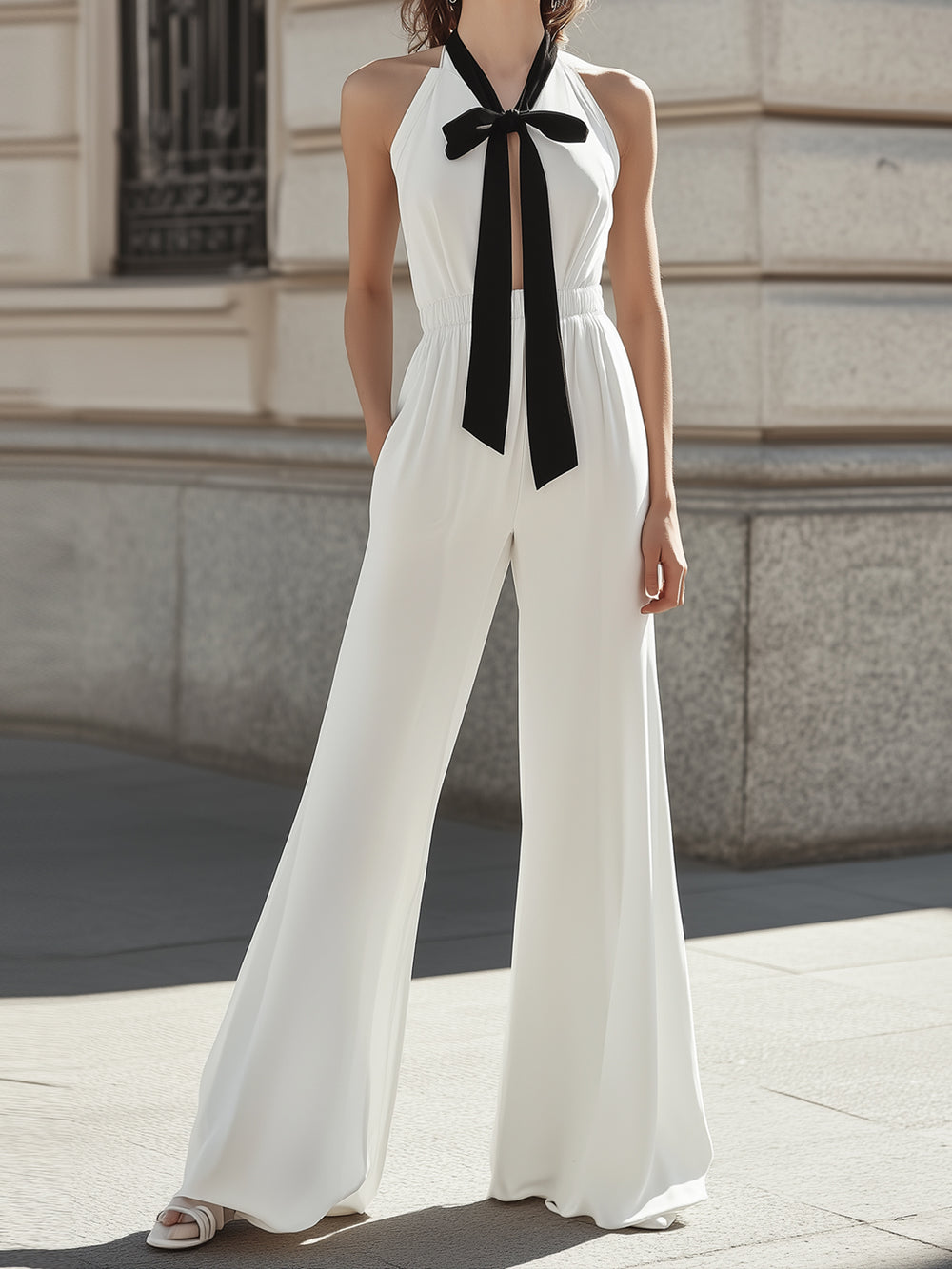 Bowknot Hollow Commuter Wide-leg Jumpsuit