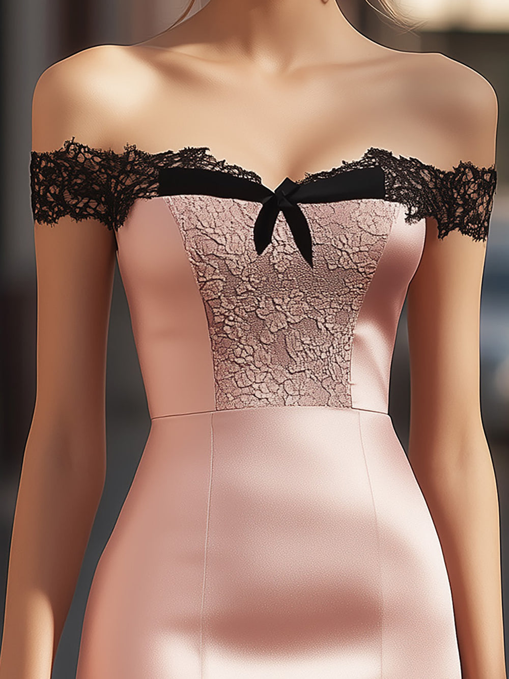 Stylish Pink Satin Off Shoulder Dress With Lace Panel And Bow