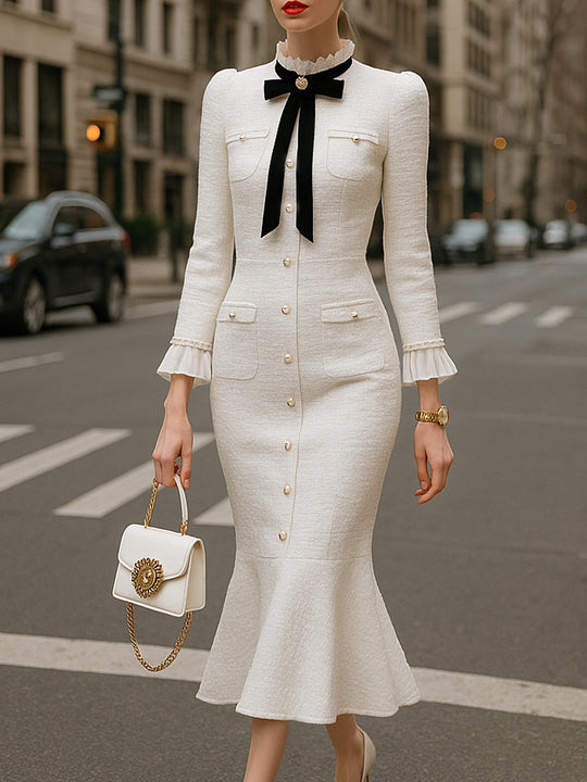 Small Fragrance Style Temperament Ribbon Fishtail Maxi Dress