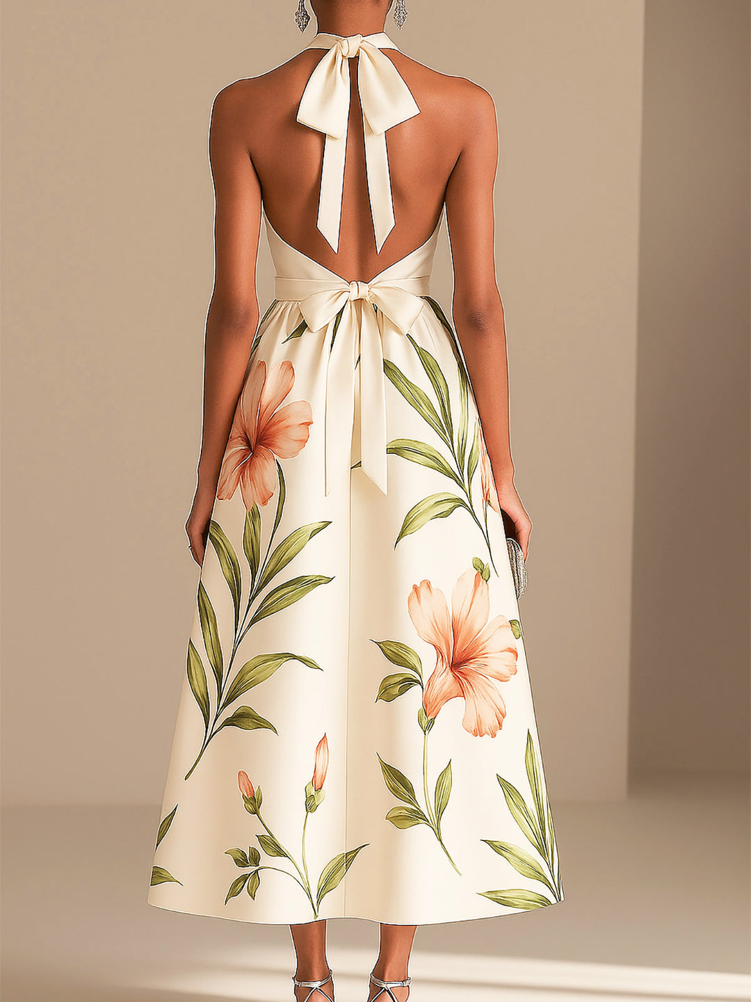 Chic Halter Neck Floral Midi Dress in Ivory Satin