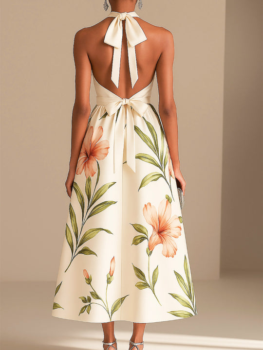 Chic Halter Neck Floral Midi Dress in Ivory Satin
