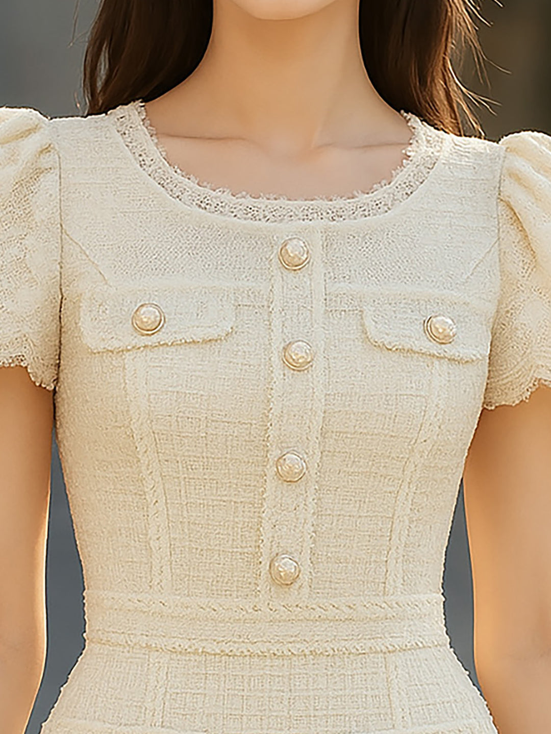 Elegant Cream Colored Tweed Mini Dress With Button Details