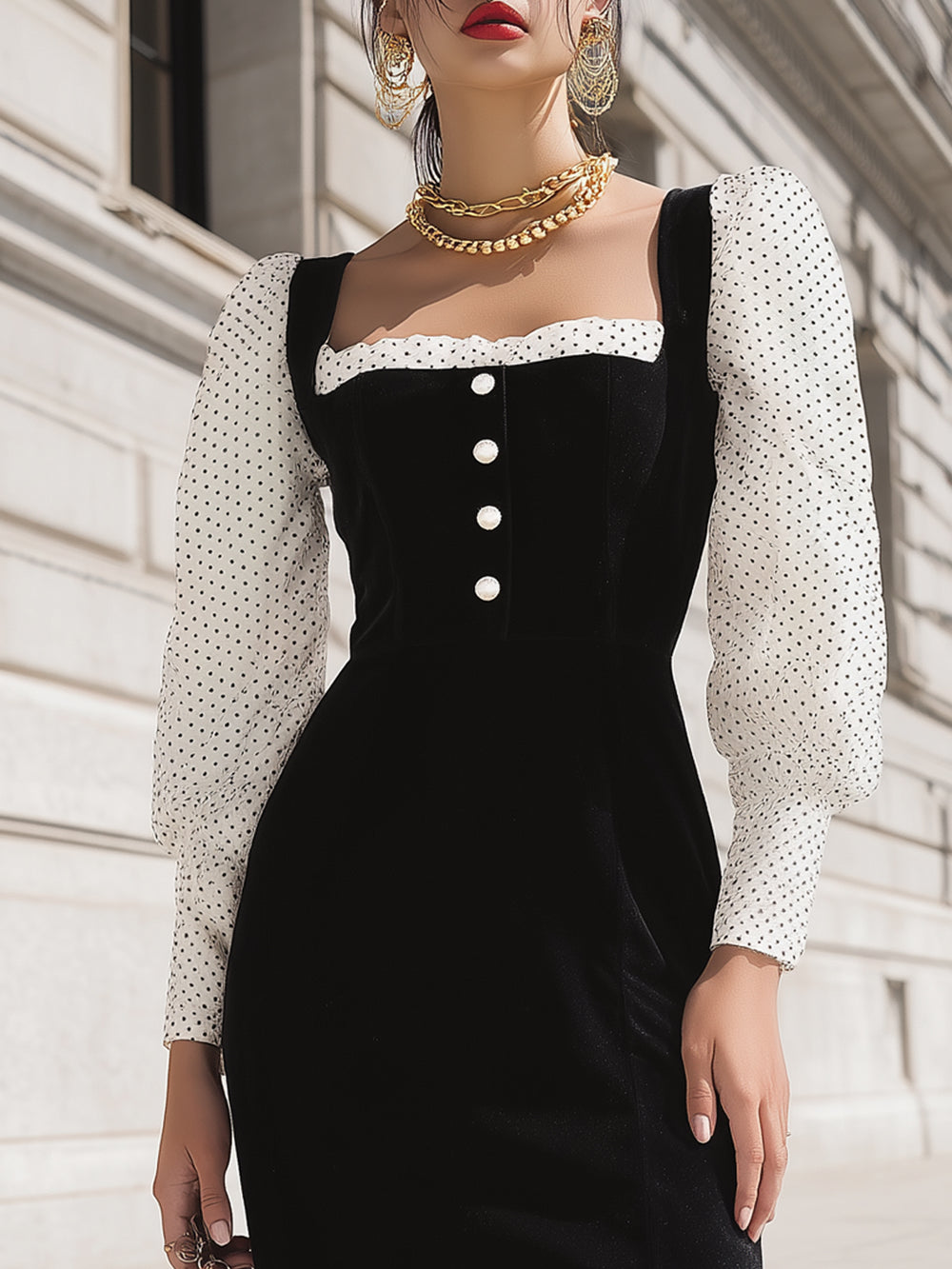 Black Velvet Patchwork Puff Sleeve Slit Dress