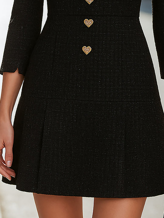 Black Tweed Mini Dress Boasting Heart Buttons