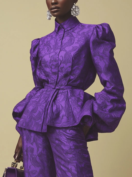 Dark purple puff sleeve elegant suit - BLAZER