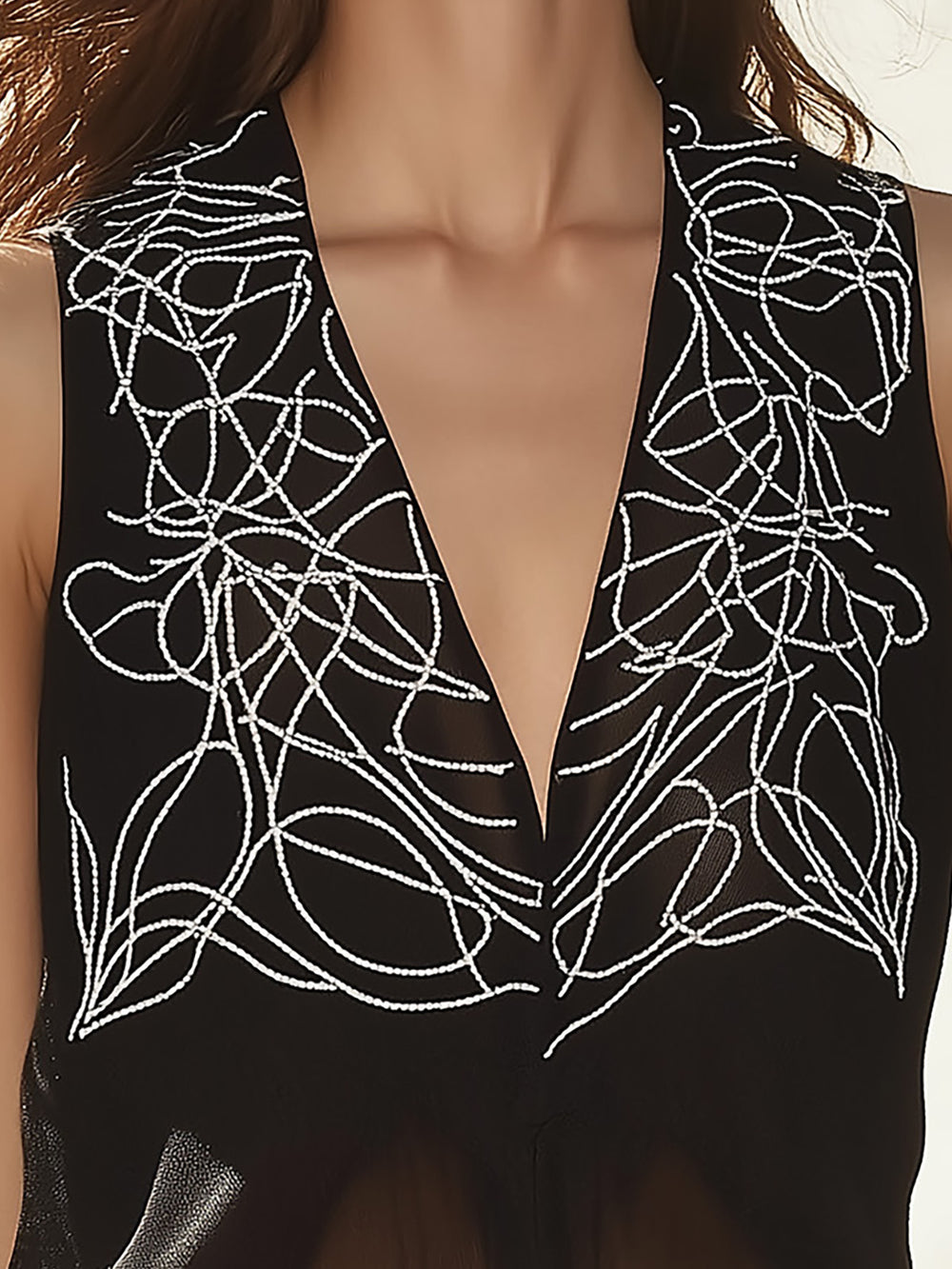 Black Sheer Top With White Embroidered Lines
