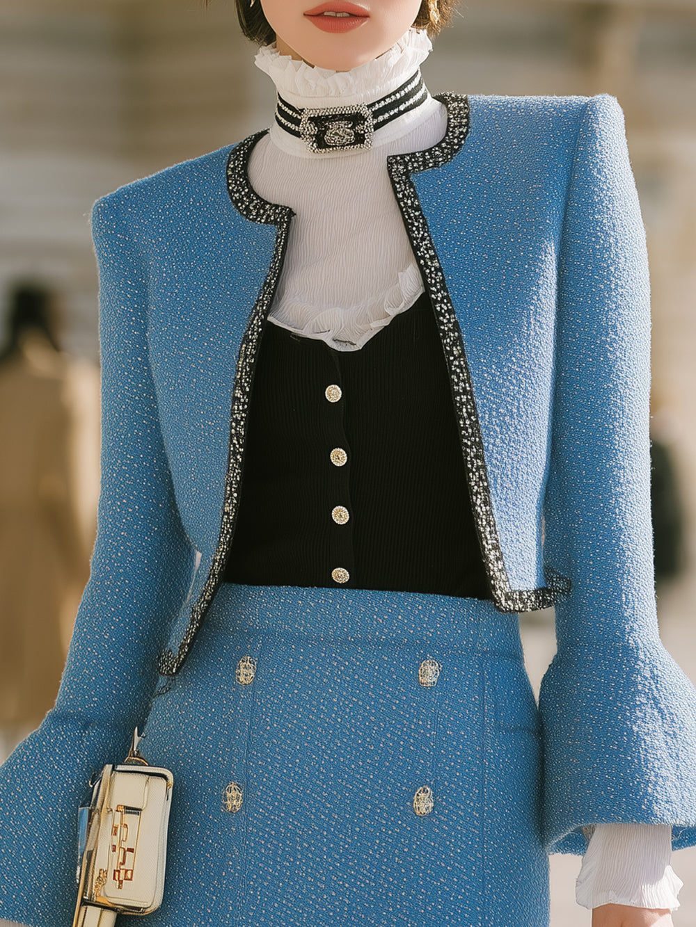 Blue Flared Sleeve Coat And Lotus Leaf Skirt Temperament Set-up