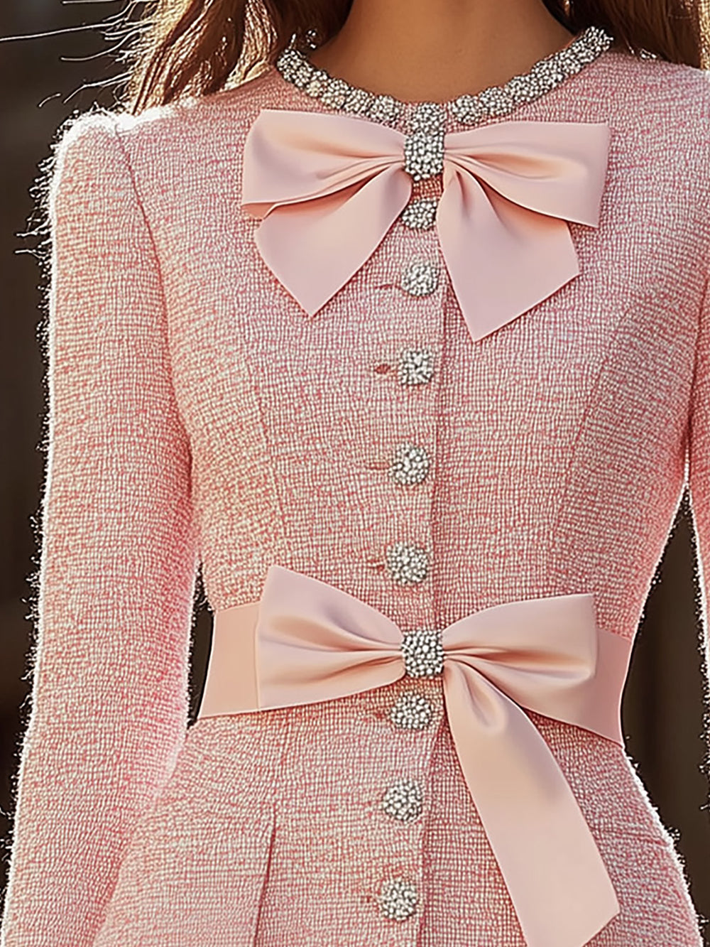Chic Light Pink Tweed Mini Dress With Feather Detail