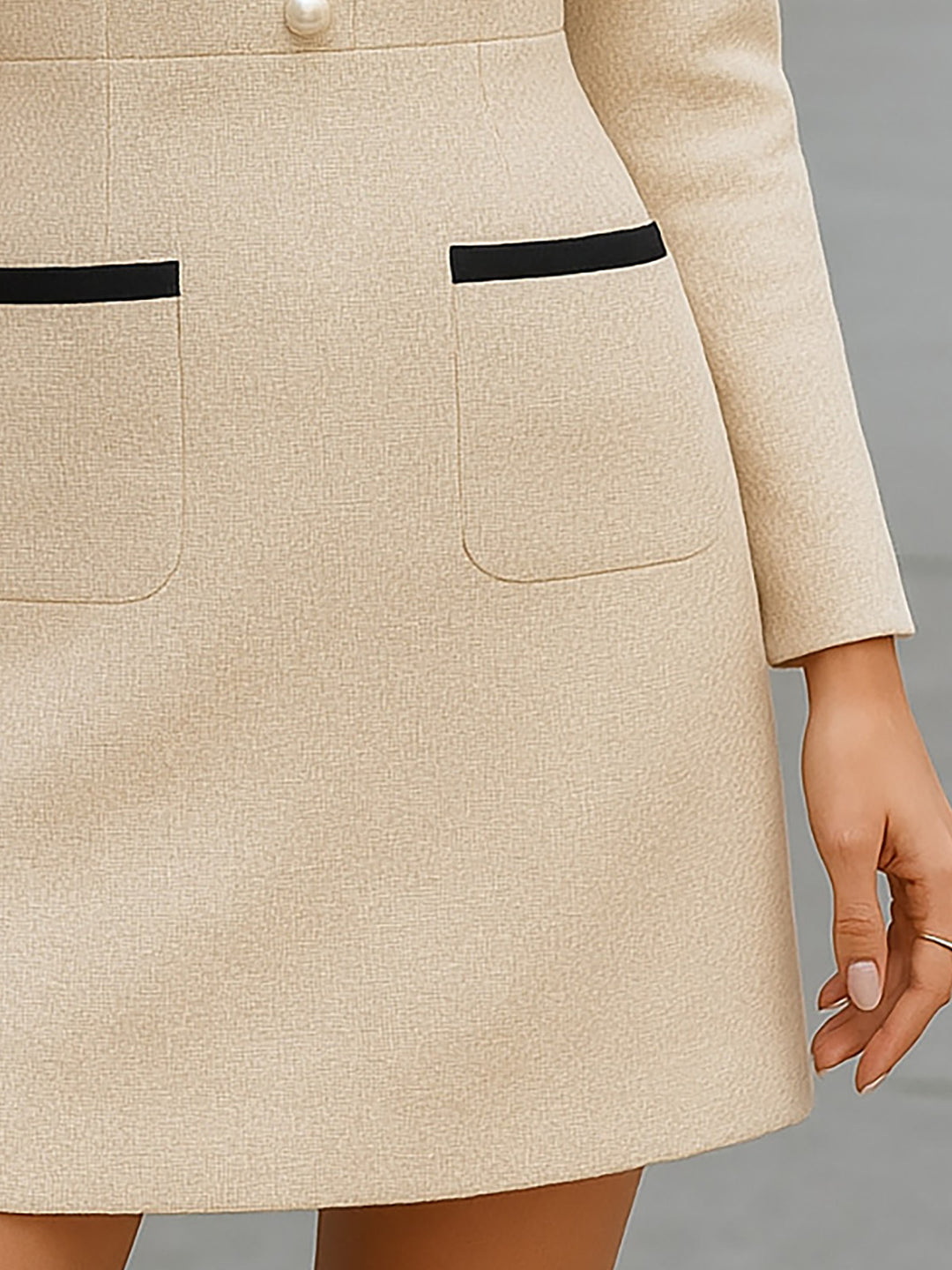 Beige Long Sleeve Mini Dress With Bow Neckline