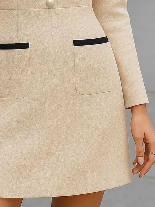 Beige Long Sleeve Mini Dress With Bow Neckline