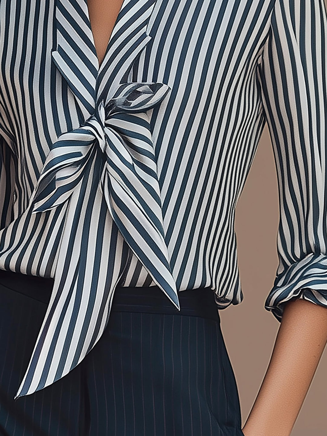 Chic Blue And White Striped Silk Shirt With Front Tie