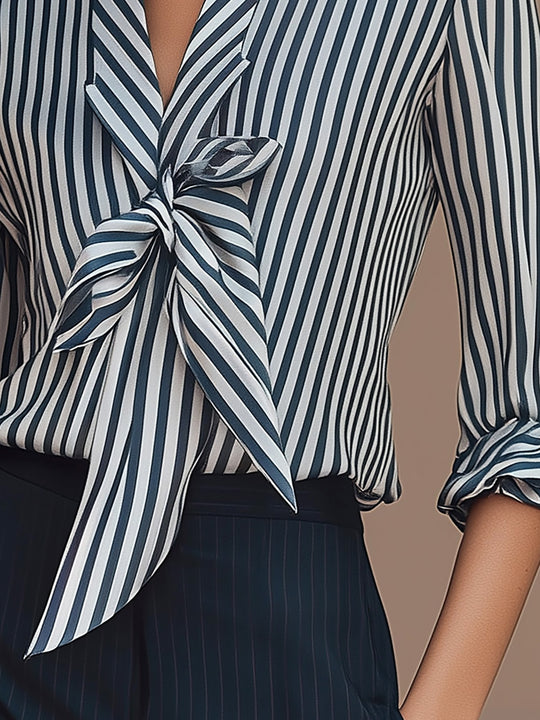 Chic Blue And White Striped Silk Shirt With Front Tie