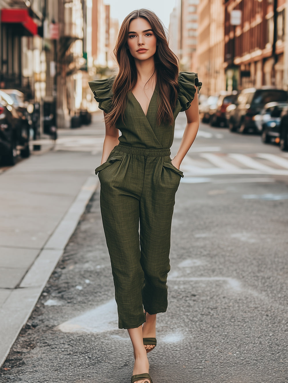 Ruffled Sleeves Linen Casual Jumpsuit