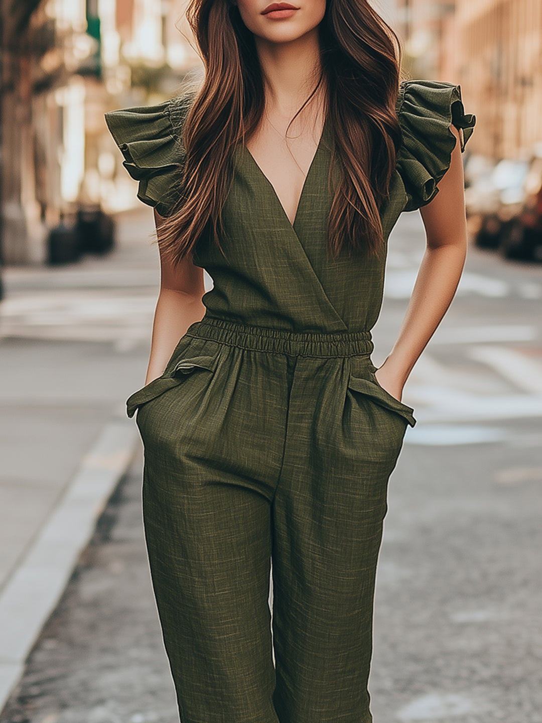 Ruffled Sleeves Linen Casual Jumpsuit