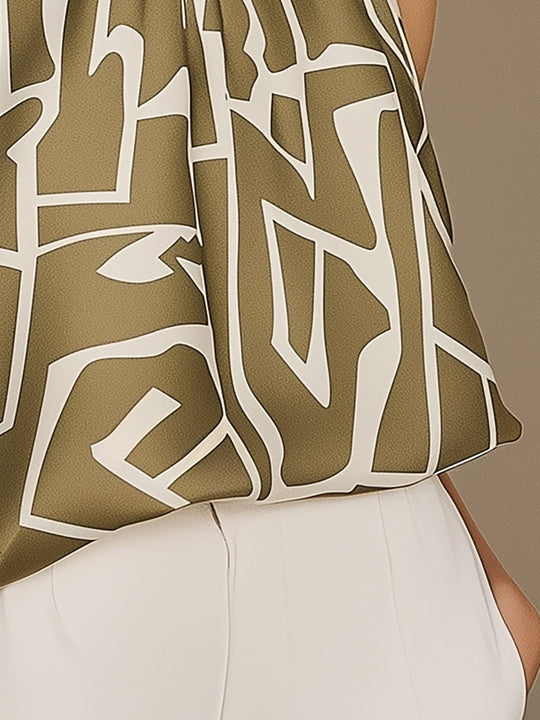 Olive Green Satin Halter Top with White Geometric Print