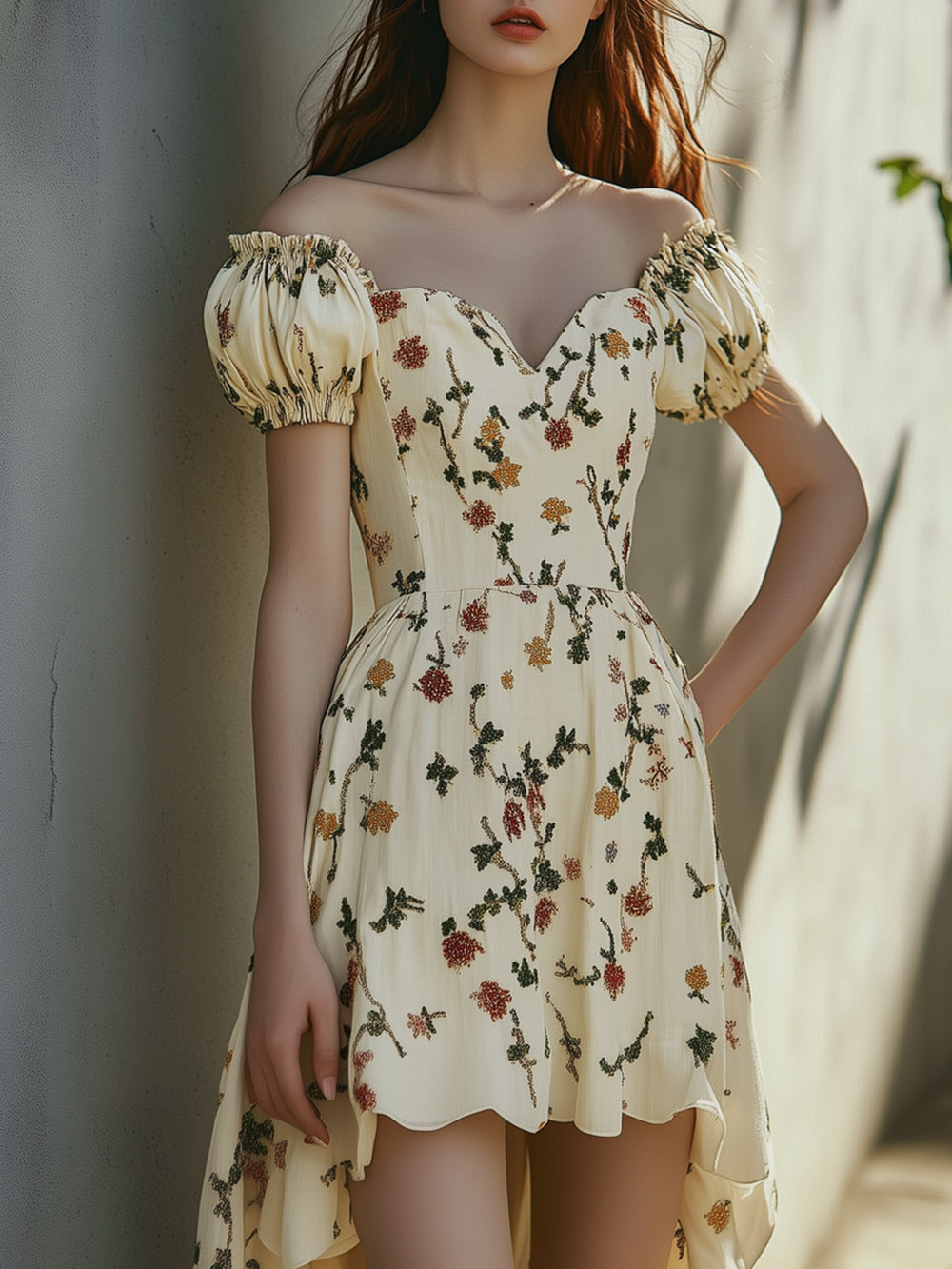 Puff Sleeve V Neck Irregular Dress