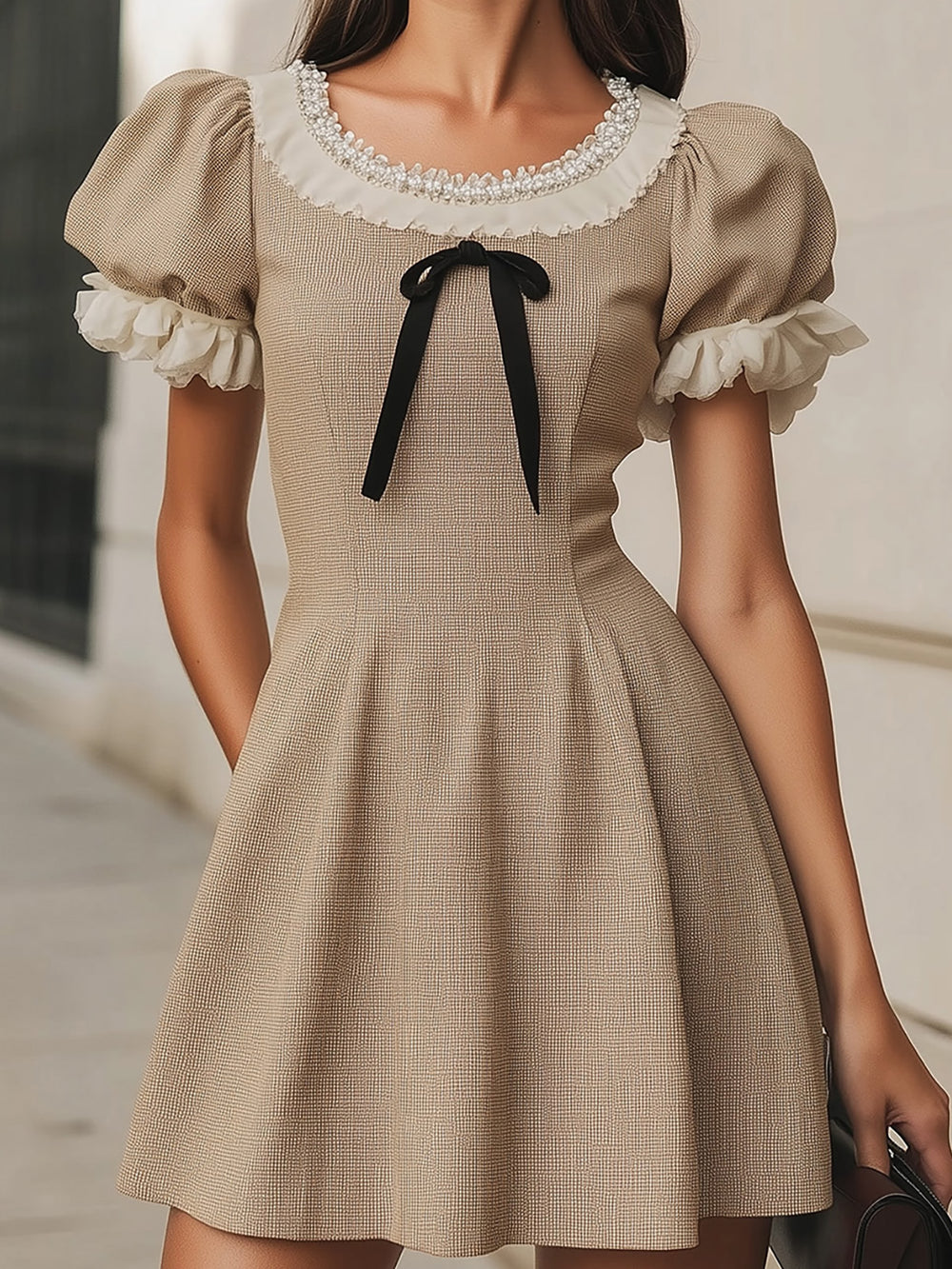 Stylish Beige Mini Dress With Puffy Sleeves And Classic Bow Detail