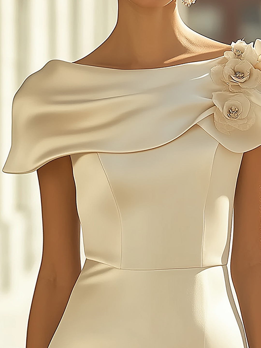 Cream Satin Dress With Dramatic Shoulder And Floral Hemline