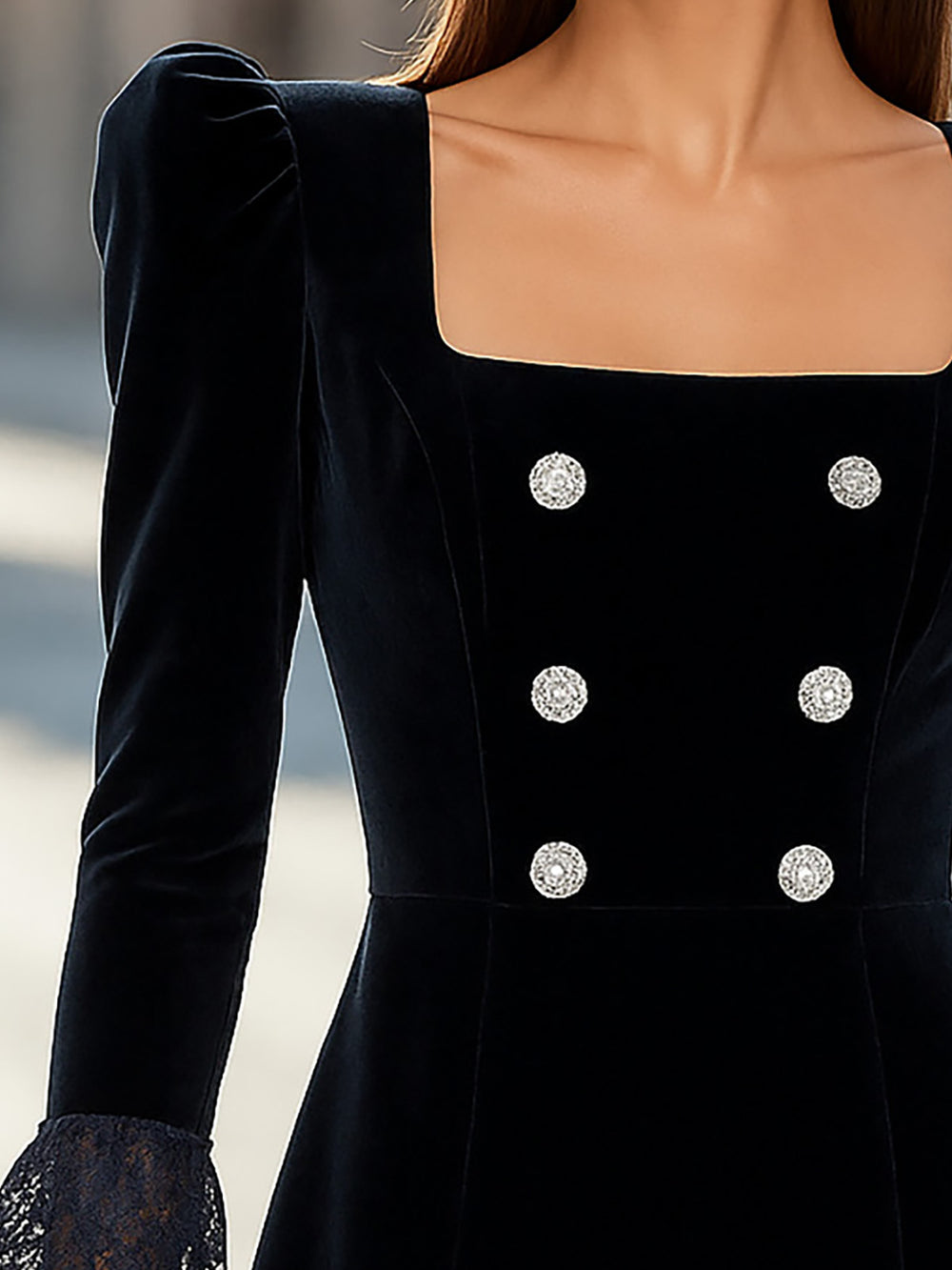 Stylish Navy Blue Mini Dress With Flared Lace Trimmed Cuffs