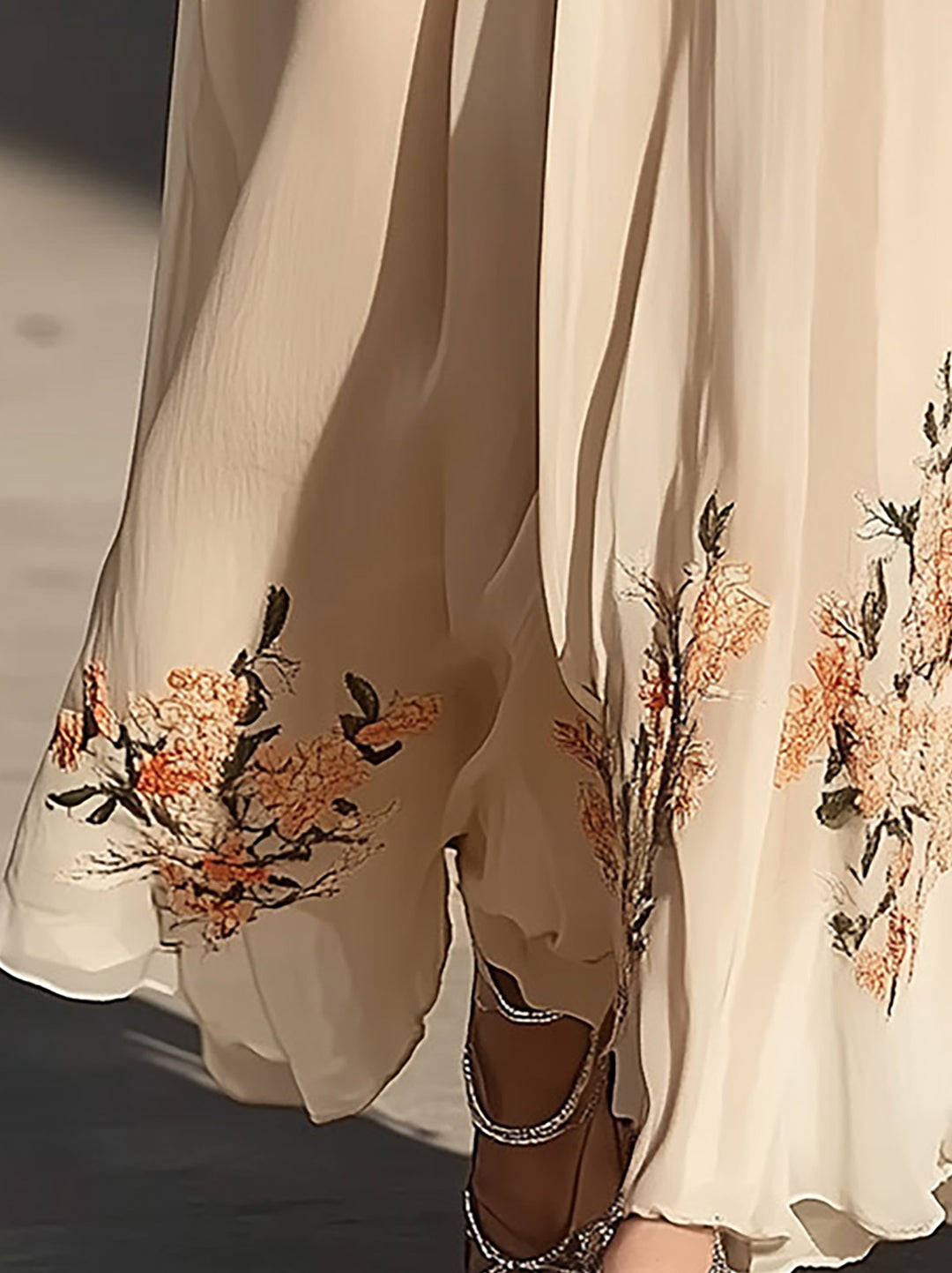 Cream Chiffon Maxi Dress With Floral Embroidery