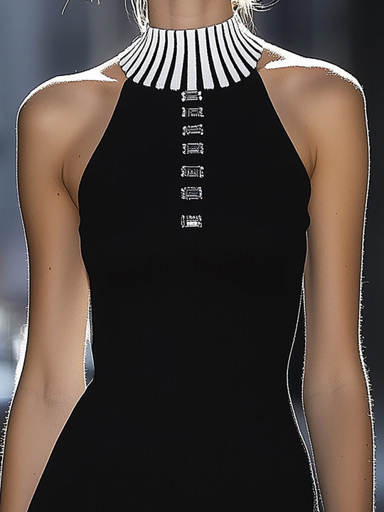 Modern Black Knit Dress With Striped Hem And Collar