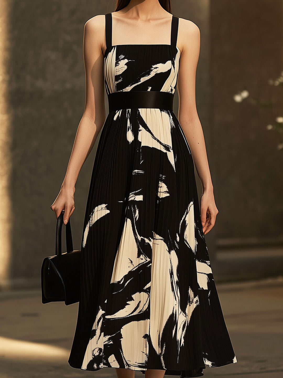 Black And Beige Printed Chiffon Dress