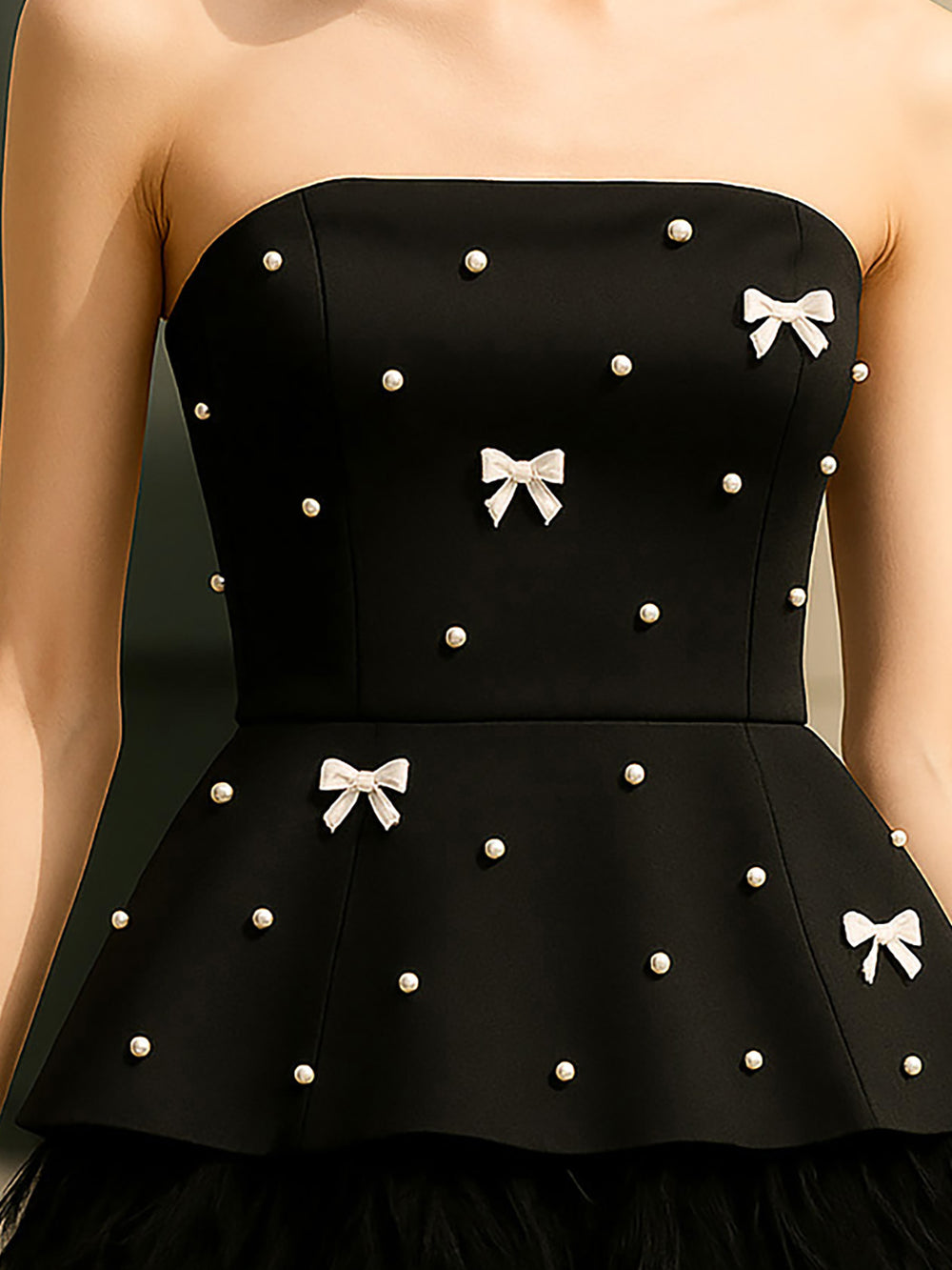 Black Satin Mini Dress With White Pearls And Black Feathers